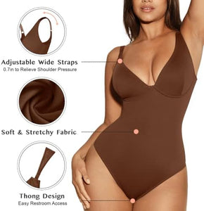 Deep V Neck Thong Compression Body Suits for Women